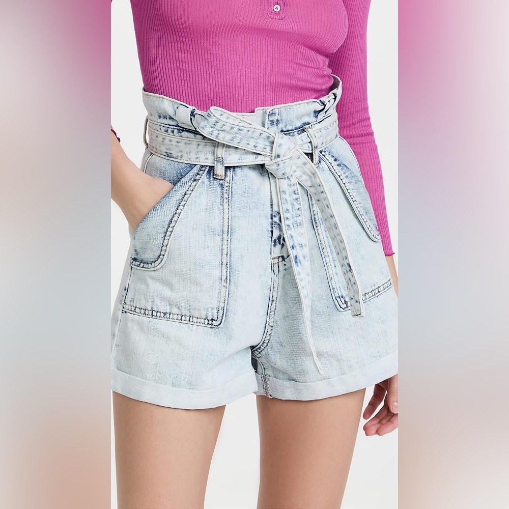 NWT Blank NYC Light Denim Acid Wash Paper Bag Shorts with Belt